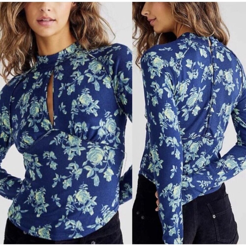 Free People‎ Dinner Party Blossoming Rose Print Keyhole Top Dark Fairy XS